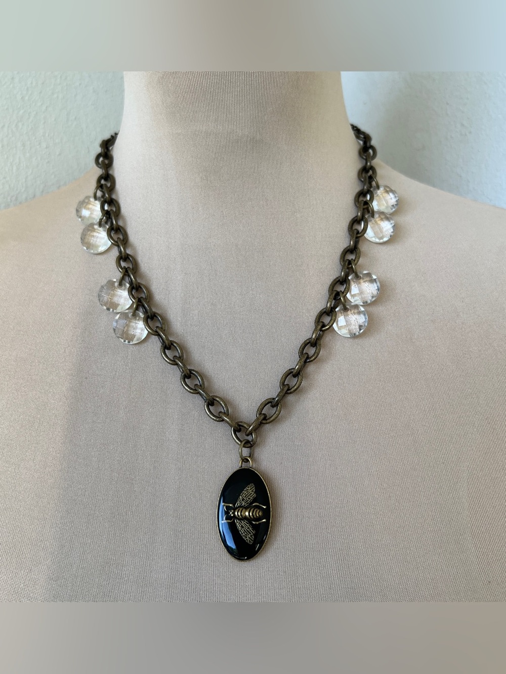Vintage Gucci Bee Pendant & Crystal Custom Necklace 20”